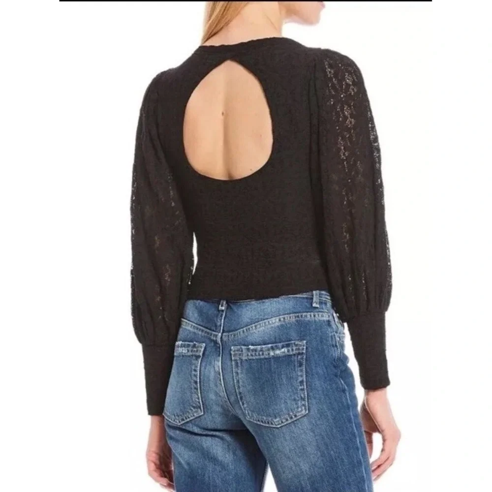 Free‎ People Tea Time Lace Puff Sleeve Top Black Small